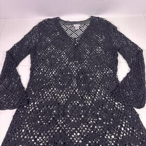 Chico's Black Crochet V-neck Lace Up Sweater Size XL T7